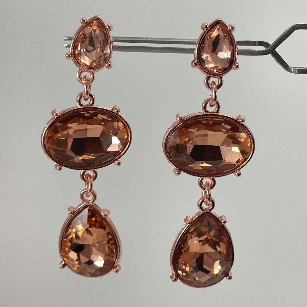 Copper Tone Dark Champaign Glass Rhinestone Bold Dangle Earrings Statement